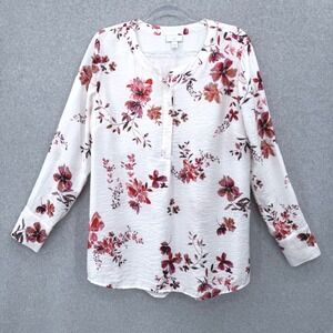 J. Jill Floral Pullover Tunic Women M White Red Viscose Nylon Boho Henley Blouse